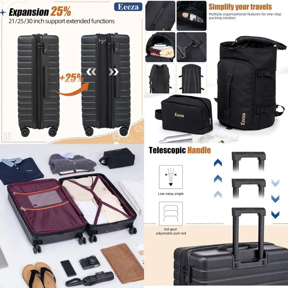 

3-Piece Expandable Luggage Set: 21, 25, 30 Hard Shell Suitcases with ABS, Lightweight Design, TSA Lock, and Spinner Wheels - Bla