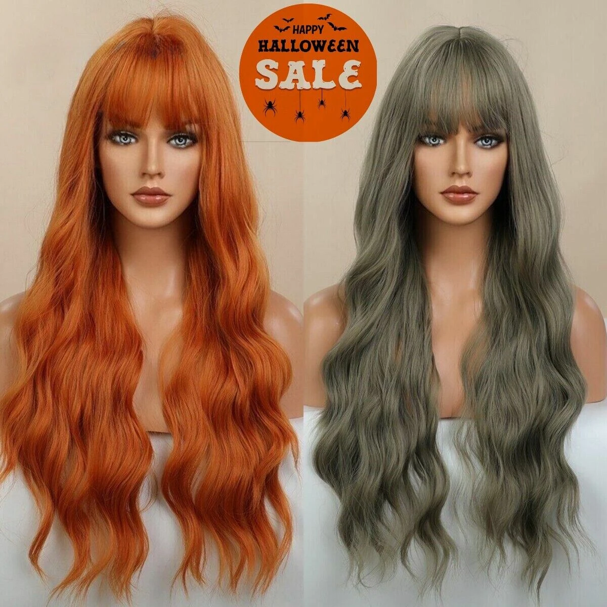 

Natural Long Loose Wavy Curly Wigs Orange Gray Green Hair Wig with Bangs Party