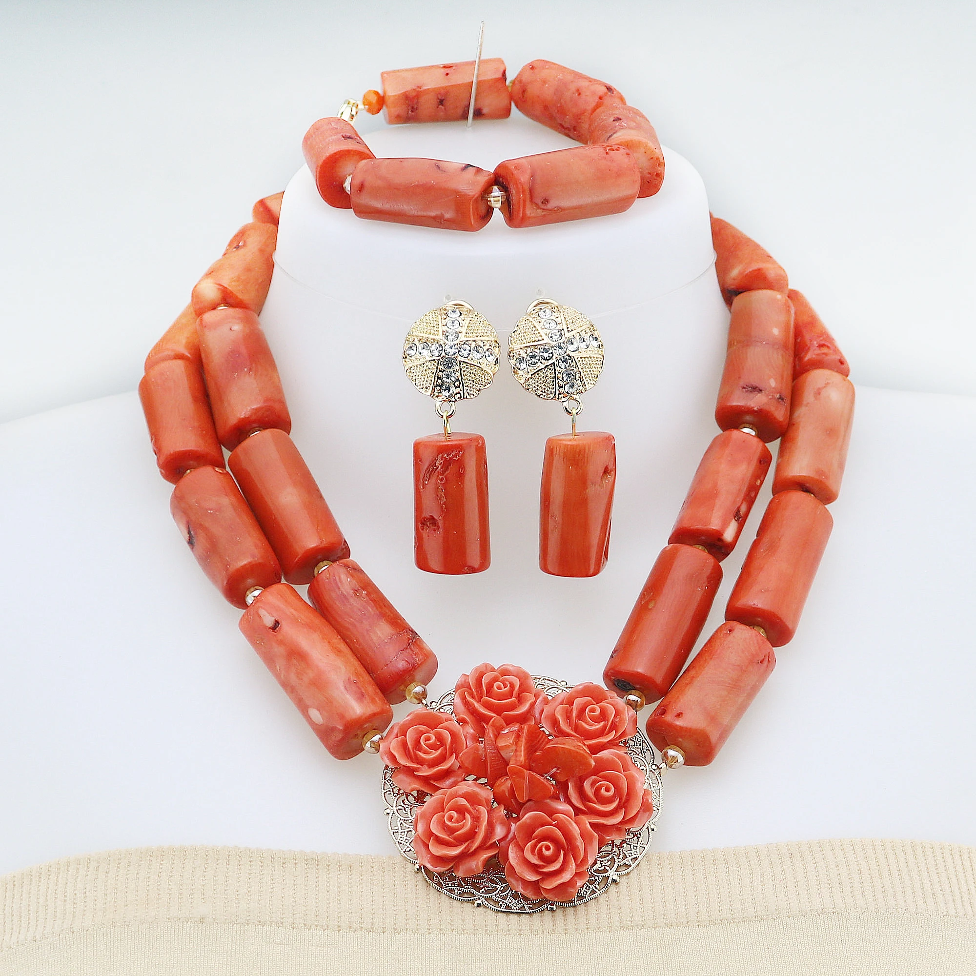 Luxury Orange Coral Necklace Nigerian Wedding Bridal African Beads Jewelry Set Z2102,0.35