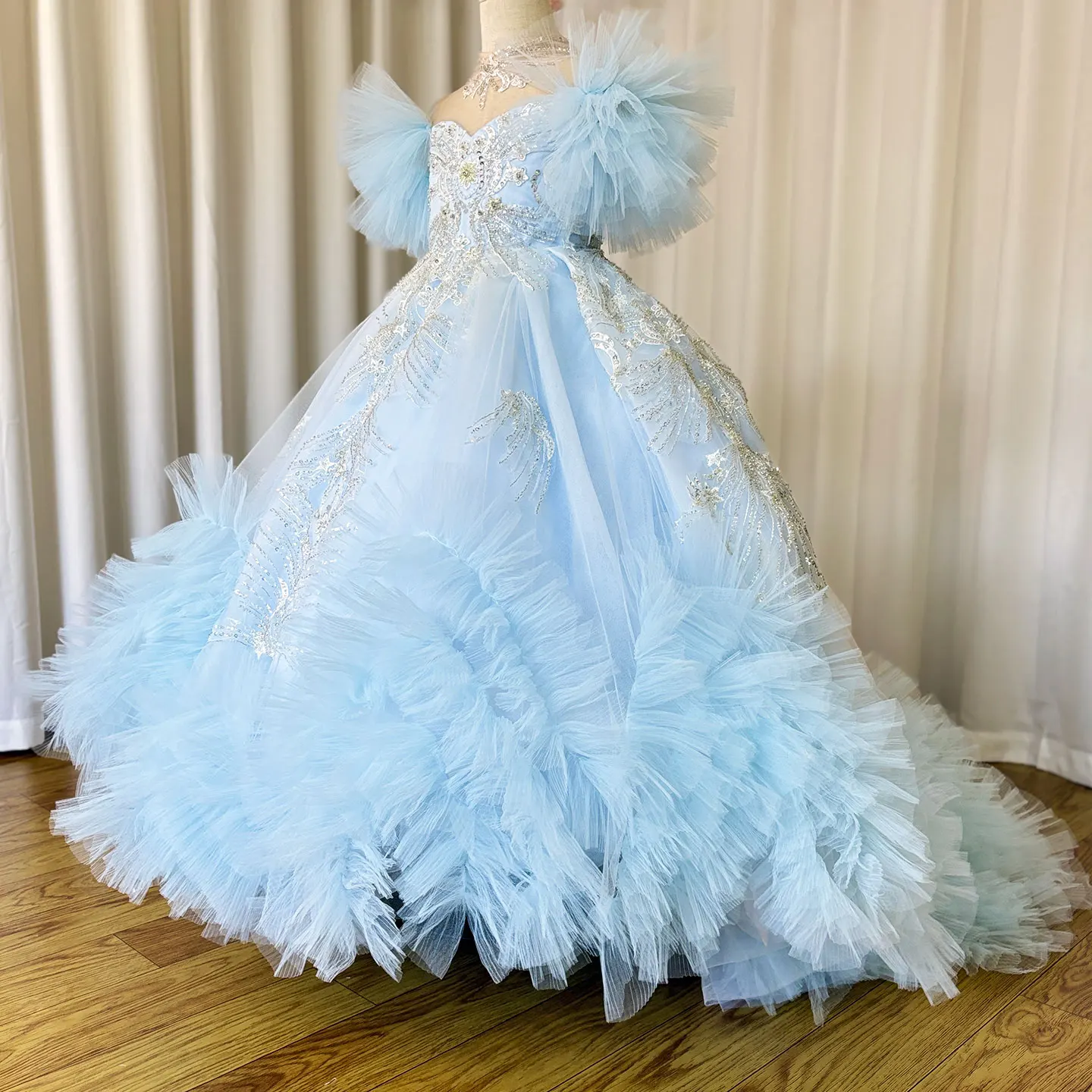 Jill Wish-Vestido de baile azul céu luxuoso para menina, vestido de princesa Dubai para crianças, festa de aniversário, casamento, primeira comunhão, árabe, 2024, J220