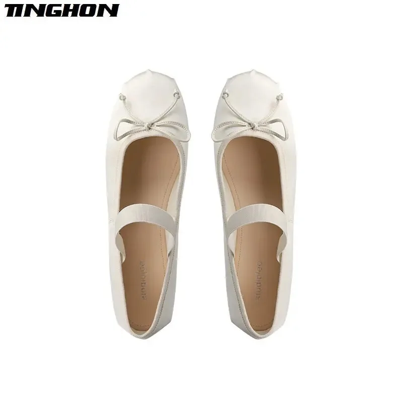 2024 French Retro Classic Silk Ballet Shoes One word Ballet Shoes Women Round Toe Bowtie Women Flats Elegant Valentine Shoes