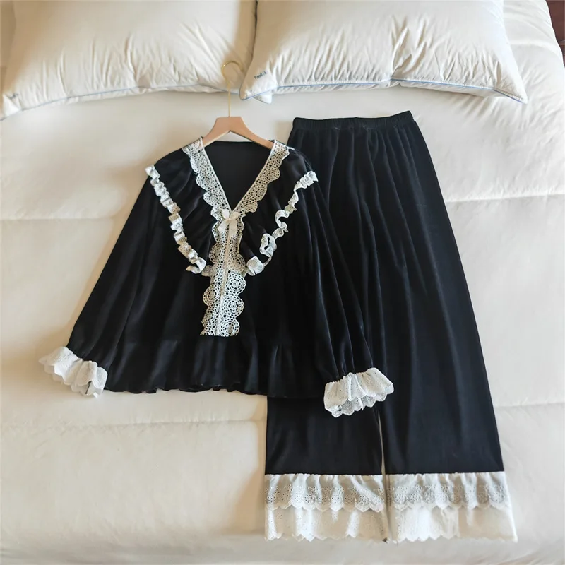 V-Neck Lace Long Sleeve Pajama Woman Nightwear Autumn Winter Warm sleepwear Pyjamas Two-Piece Women's Pajamas Trousers Sets
