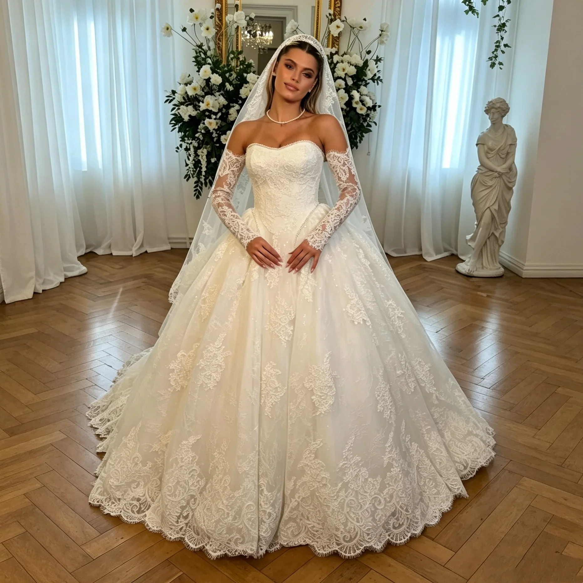 Luxury Strapless Sweetheart Ball Dress Wedding Dress Detachable Lace Sleeves Shining Lace Stickers Bridal Dress Customization
