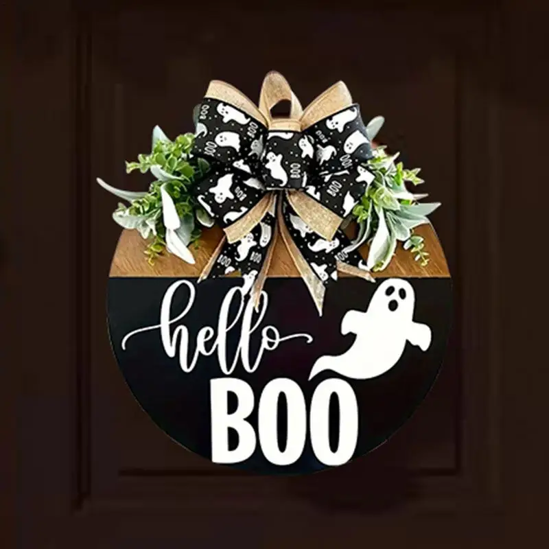 Halloween Welcome Sign Boo Ghost Hangable Sign With Bow Wood Wreaths Hangable Decoration For Front Door Porch Spooky Decor