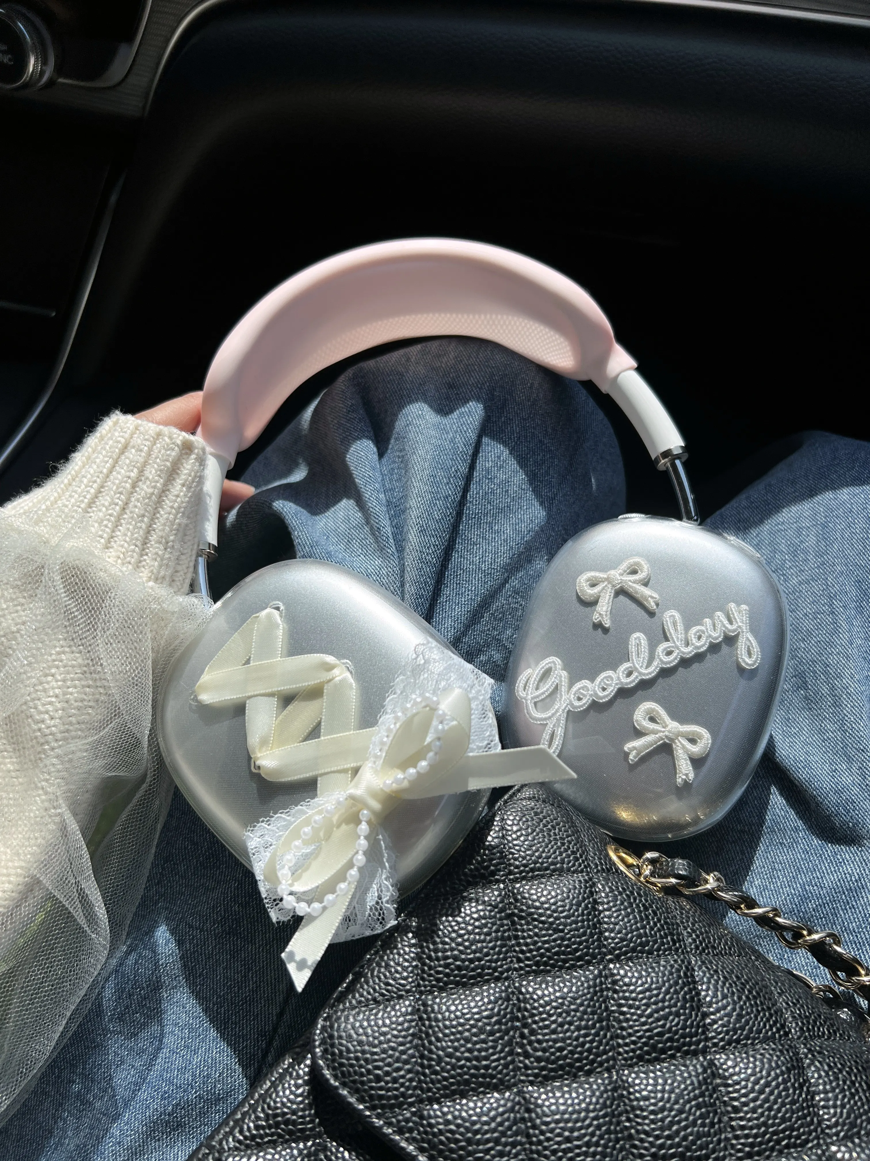 Dophee Original AirpodsMax Cute Beads Ribbon Bow Handwork Apple APM Headphone Case Spice Girls Y2k Transparent Earphone Cover