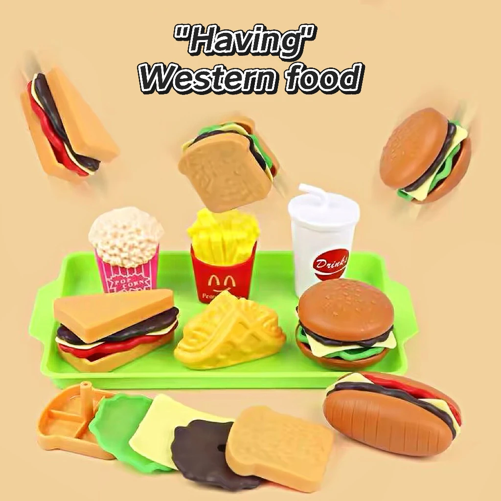 

Puzzle kitchen, play house, fruit, cut and cher, simulated burgers, fried chicken, fries, cola, popcorn, sandwich toys