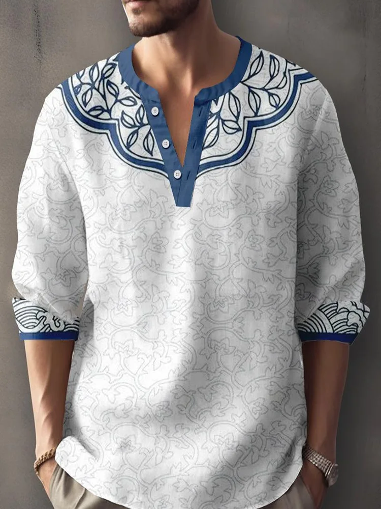

Осенние рубашки на пуговицах в этническом стиле, топы с 3D принтом, блузка, мужская повседневная модная винтажная рубашка с воротником-стойкой и длинными рукавами, мужская одежда