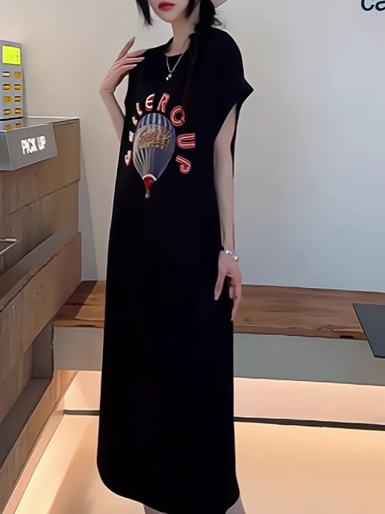 

Summer New Style Women's Casual plus Size Long Dress Cover up Heavy Duty Nail Bead Letter Balloon Dress Commute Korean Loose Fit