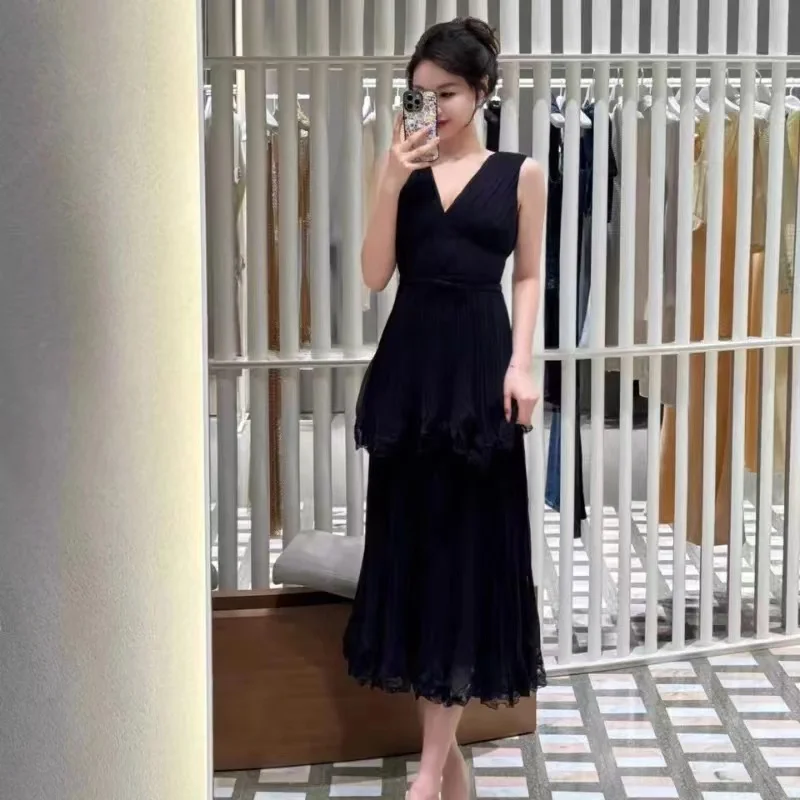 Runway Fashion Summer Black Ruffles Cake Midi Dress New Elegant Women Sexy V Neck Sleeveless Tank Chiffon Lace Trims Party Dress