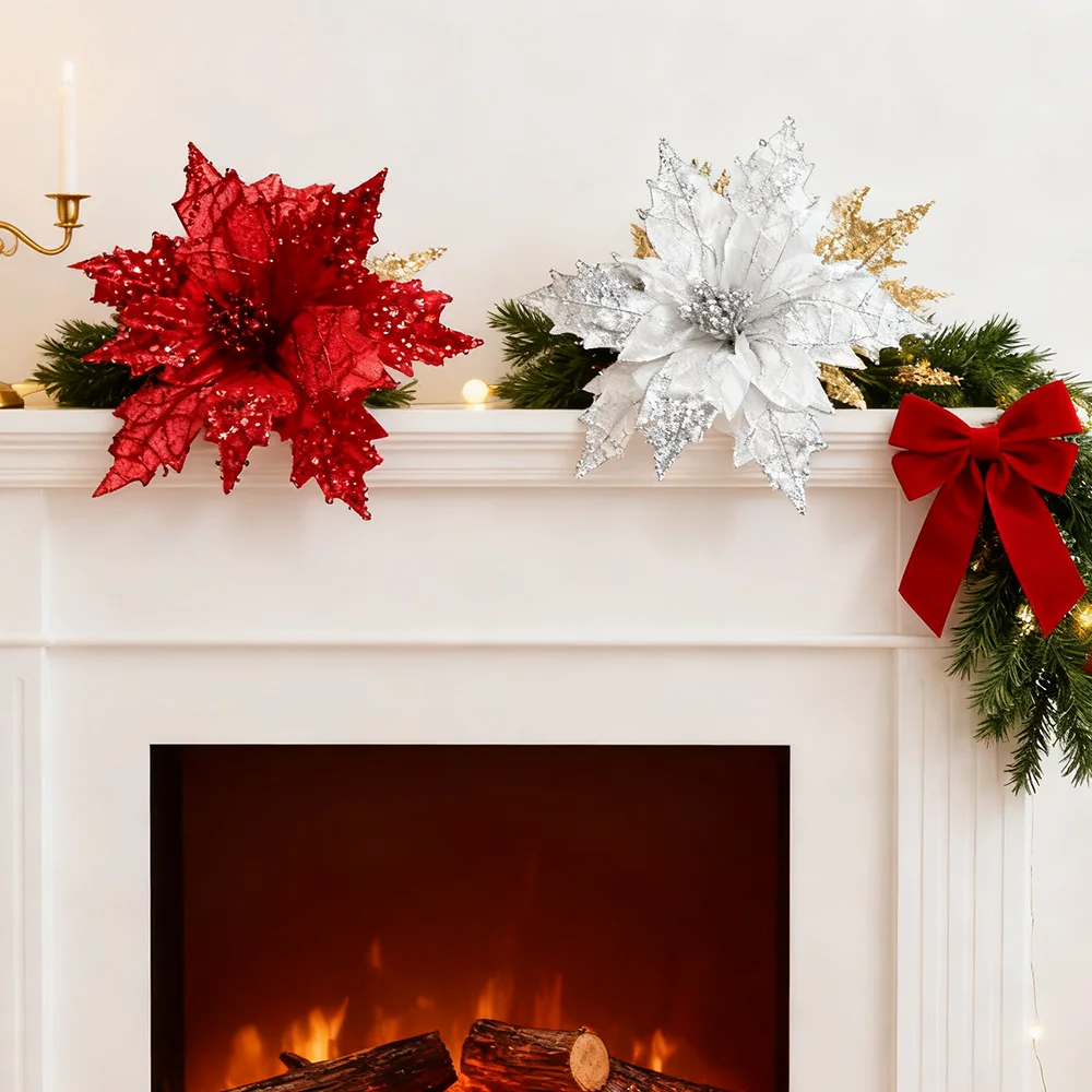 2 Stück künstliche Weihnachtsblumen, glitzernde und mit Pailletten verzierte Weihnachtssterne aus Stoff, künstliche Weihnachtsblumen zum Selbermachen – Detail 3