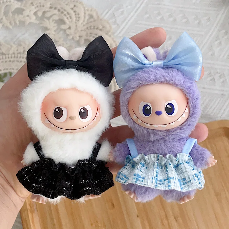 

For 10cm 4th Gen Mini Labubu Heart Code Macaron Tweed Dress, Elegant Pastel Outfit for Vinyl Doll Clothing