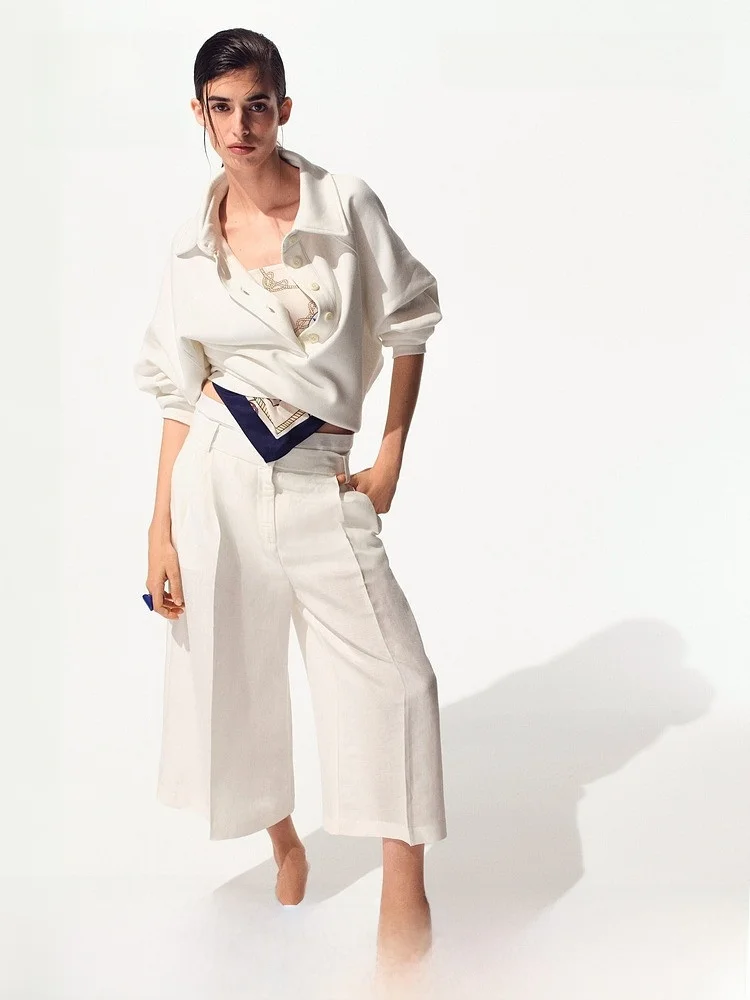 

H&M Women's Wide Leg Pants Commute Wear Linen Blend 7/8 Length Skort Natural Waist Spring 2026 Fashion Ladies' Skirt Pants