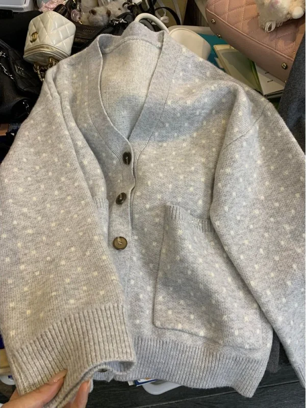 

Loose Korean Sle V-Ne Knitted Cardigan Women's Top Spotted Pattern Casual Lightweight Warmth Autumn Winter Outerwear