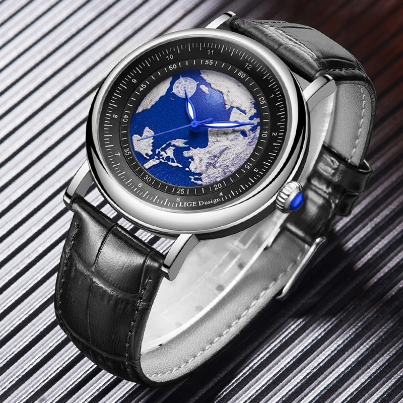 LIGE Fashion Casual Quartz Men's Watches Leather Luxury Man Watch Military Sport Outdoor Waterproof Earth Ocean Wristwatch Clock