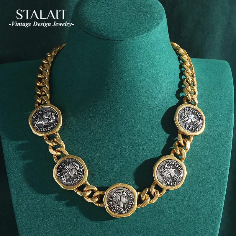

Vintage Personality Man Head Antique Coin Wide Chain Necklace for Women Aesthetic Jewelry Hip Hop Chunky Statement Cameo Chokers