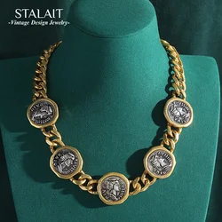 Vintage Personality Man Head Antique Coin Wide Chain Necklace for Women Aesthetic Jewelry Hip Hop Chunky Statement Cameo Chokers