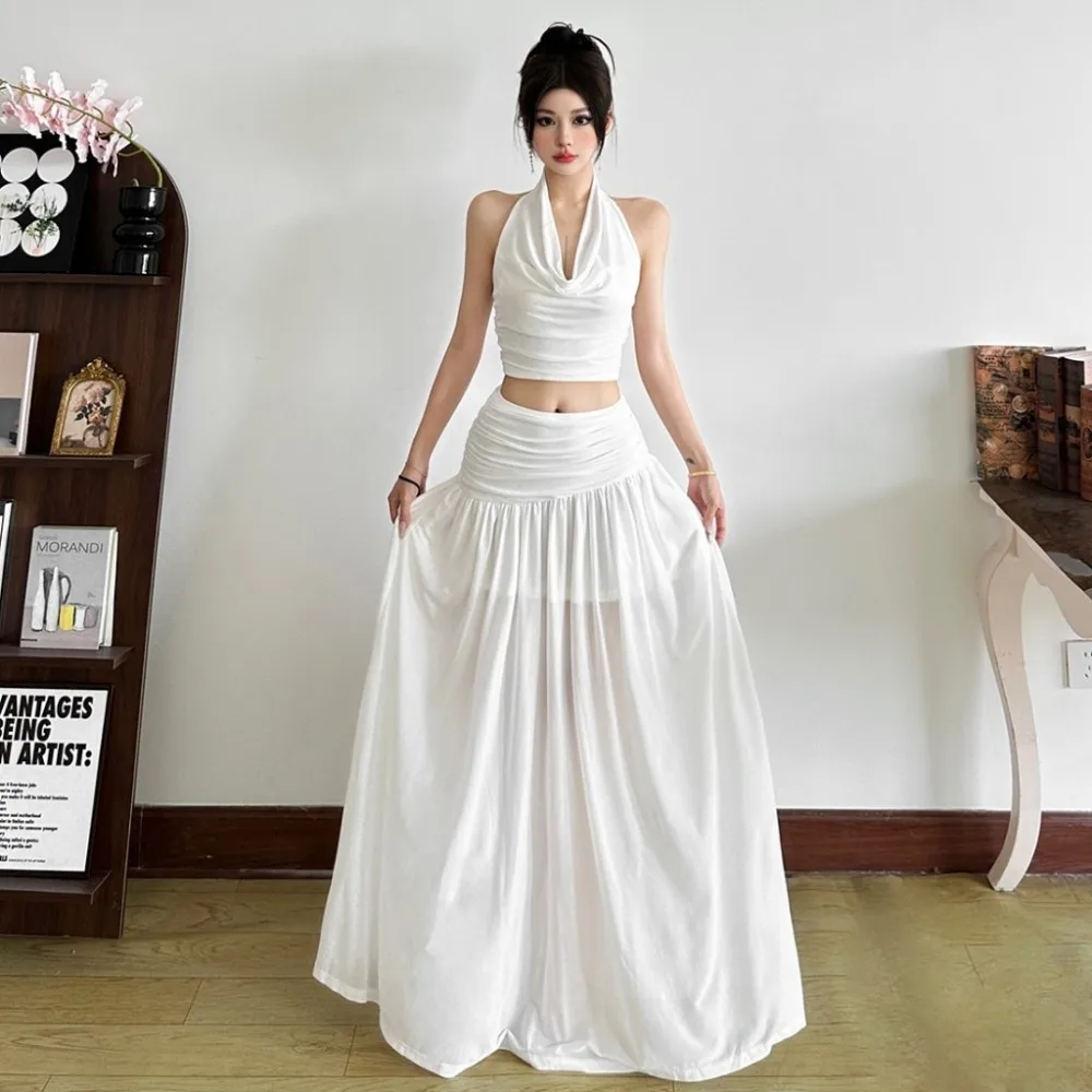 SylCue Ruched Elegant 2 Piece Set Women Halter Swing Collar Backless Crop Tops+High Waist Patchwork Skirts Vacation Style Suits