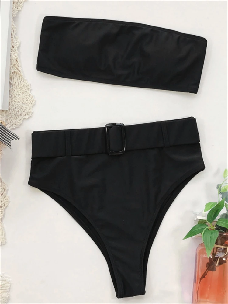 Bikini Women Swimsuit 2024 New Black Bandeau Bikinis Set Sexy High Waist Swimwear Summer Two Piece Beachwear Bathing Suit Female