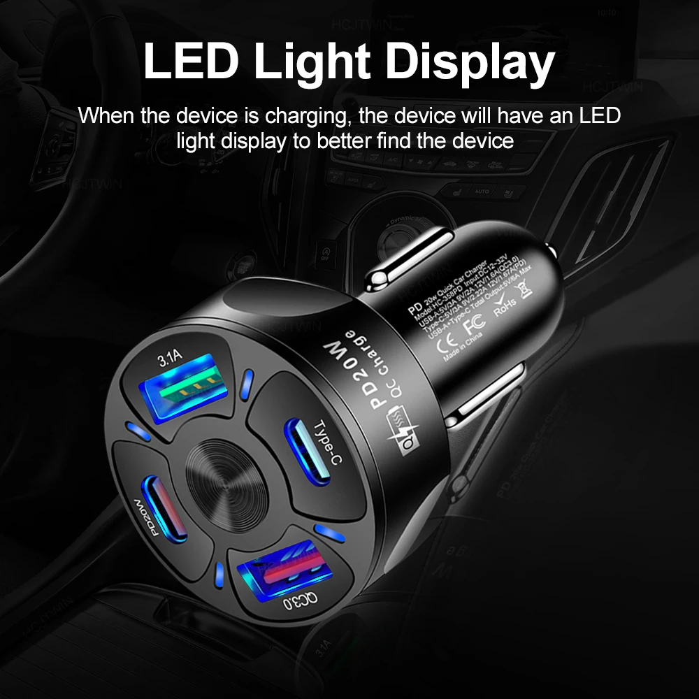 Type C 20W USB Car Charger 4 Ports Fast Charge PD QC3.0 For Xiaomi 14 POCO iPhone 15 Huawei Samsung Fast Charging Adapter in Car image 3