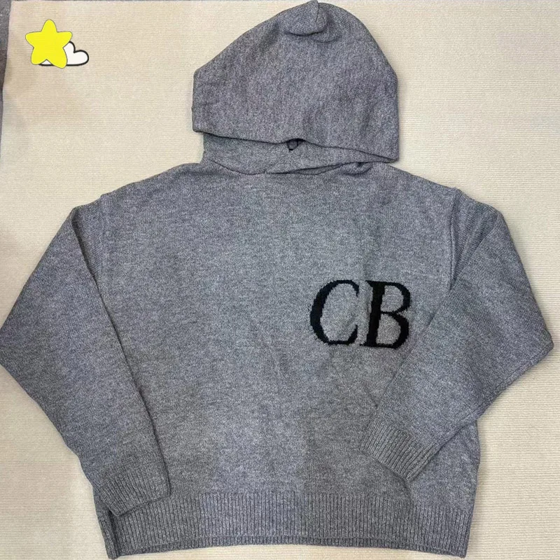 24FW Best Quality Oversized CB Logo Jacquard Sweater Hooded Men Women Casual Couple 1:1 Tags Black White Gray Knit Hoodie