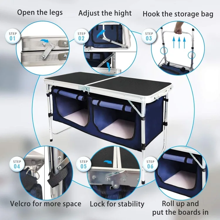 Outdoor Folding Table Aluminum Lightweight Height Adjustable with Storage Organizer for BBQ, Party, Camping