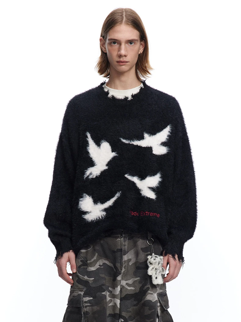 MADE EXTREME Peace Dove Neckline Wrecking Sweater Couple Knit Winter Long Sleeve for Men