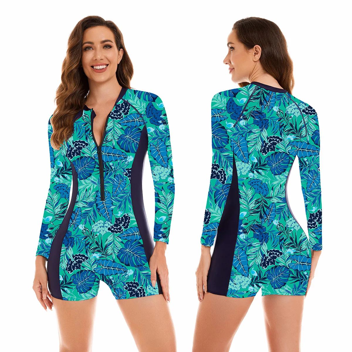 Women\'s Standard Long Sleeve One Piece Swimsuits with UPF 50+ Print Leaves Surfing Swimming Suits Available in Sizes XS-XL