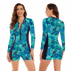 Women's Standard Long Sleeve One Piece Swimsuits with UPF 50+ Print Leaves Surfing Swimming Suits Available in Sizes XS-XL