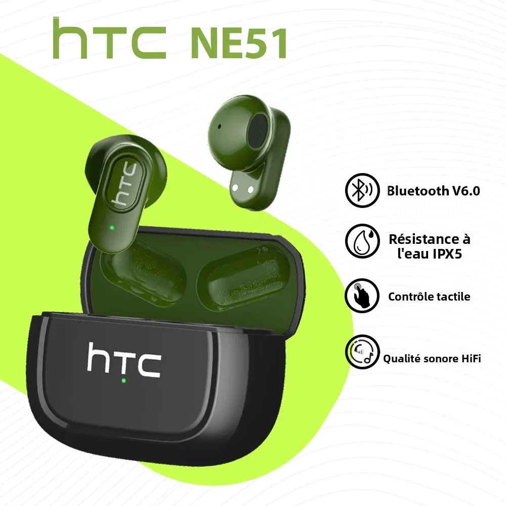 HTC NE51 Bluetooth écouteurs TWS Mini écouteurs sport casque sans fil intelligent réduction du bruit écouteurs vert noir