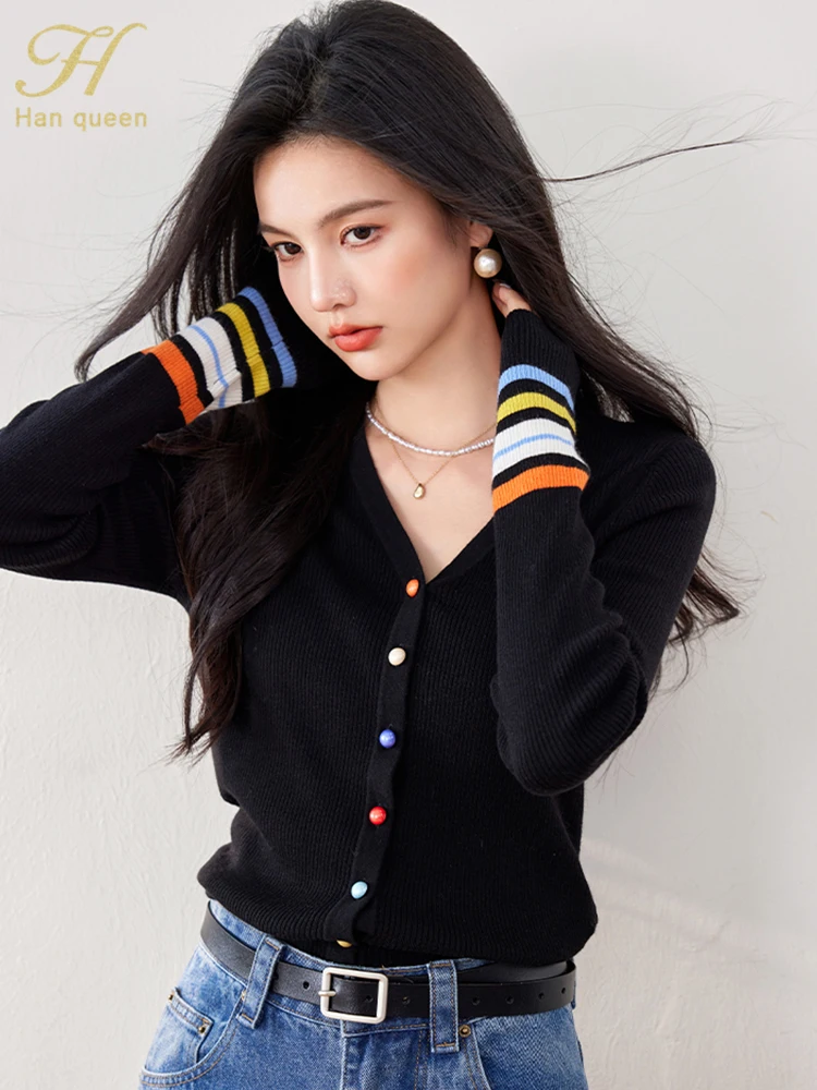 H Han Queen Autumn Winner Tops New Colorblocked Striped Knit Sweater T-Shirt Womens Vintage Work Casual Tops Elegant Women Tee