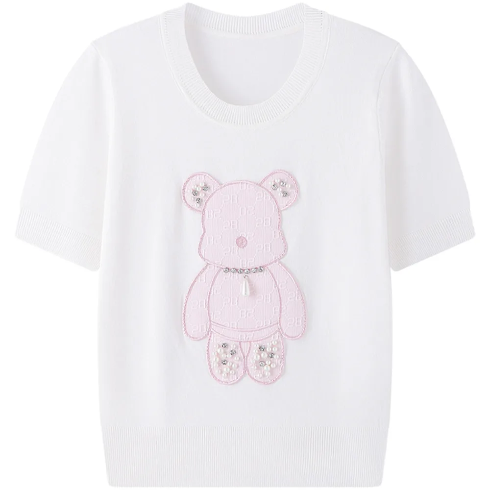 2024 Summer New Cartoon Bear Bead Design Knitting Jumper Short Sleeve Women\'s Casual Knitwear Brand Fashion Ladies Sweater