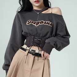 MEXZT Y2K Sweatshirt Women Sexy Off Shoulder Bandage Crop Pullover Streetwear Harajuku Print Halter Long Sleeve Casual Hoodies