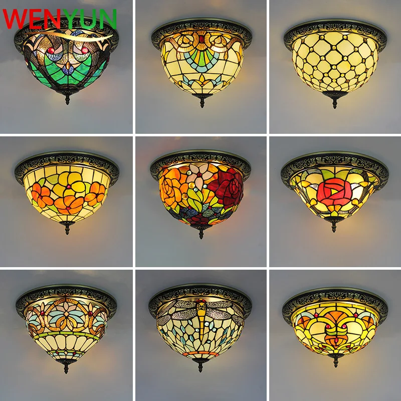 American-style Retro Ceiling Lamp European-style Living Room Lamp Dining Room and Foyer Colored Glass Creative Artistic Design