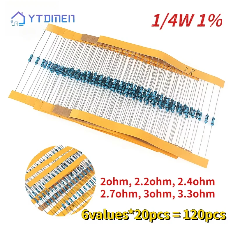 120 Stück 1/4 W-1 % Metallschichtwiderstand Auto-Airbag-Reparatur Ersetzen Sie den Widerstand 2 Ohm 2,2 Ohm 2,4 Ohm 2,7 Ohm 3 Ohm 3,3 Ohm Widerstände Kit