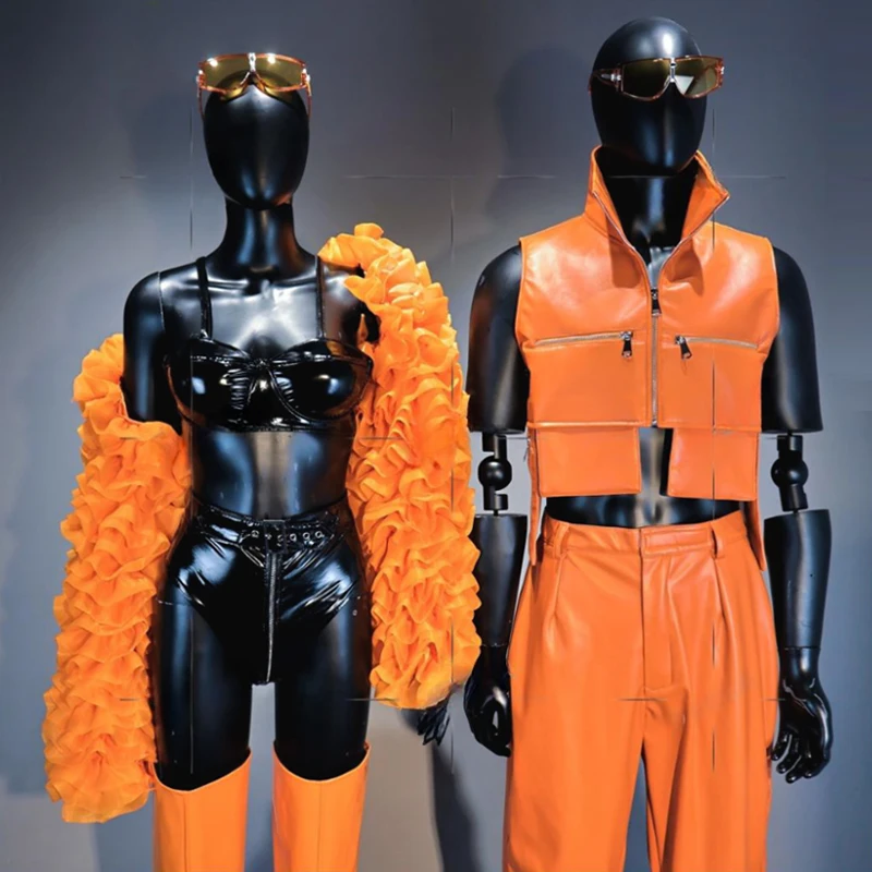 

Gogo Dance Clothes Orange Suit For Stage Performance Women Party Show Outfit Fluffy Coat Festival Rave Wear Mens’ Clothing 3619