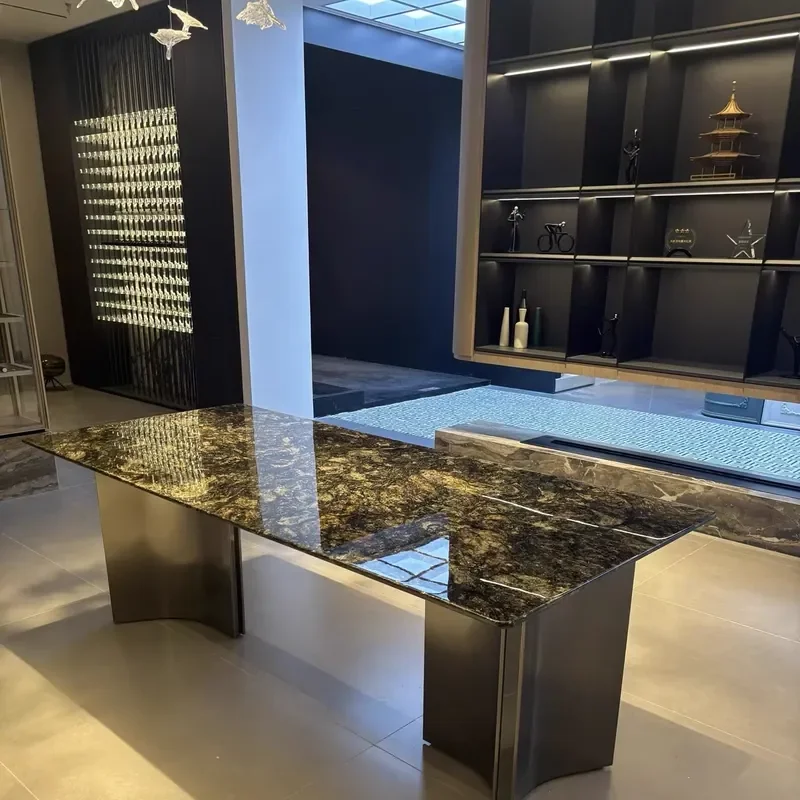 

Customizable Modern Rectangular Natural Stone Dining Table with Metal Legs for Dining Room Home Furniture