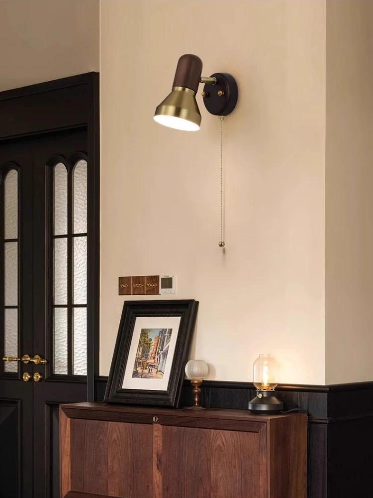 Middle ancient style solid wood wall lamp retro homestay bedroom rotatable with cable dressing table study reading bedside lamp