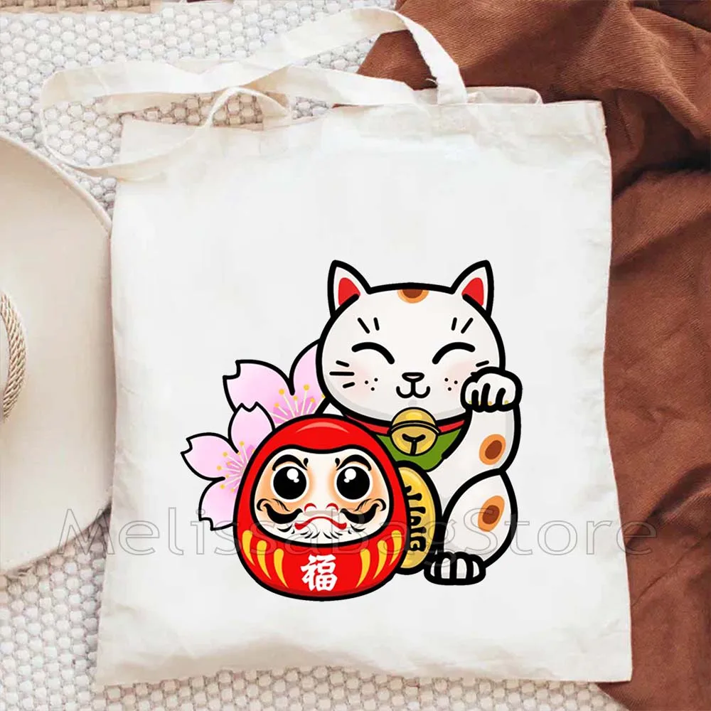 TOKYO Maneki Neko Cute Japanese Lucky Cat Canvas Shoulder Tote Bag Mount Fuji Janpan Cotton Shopping Shopper Casual Book Handbag