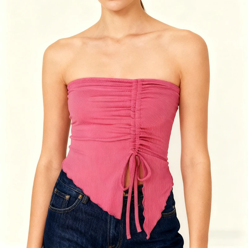 Spring Summer Y2K Women's Strapless Sleeveless Tube Top Mesh Ruched Side Asymmetrical Lace up Bandeau Cami Tank Tops Streetwear