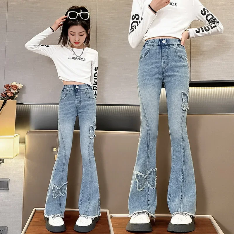 

Fashion Jeans for Girls with Butterfly New Arrvial Kids Vintage Tight Denim Flare Pants 2025 Spring Autumn Teenage Slim Trousers
