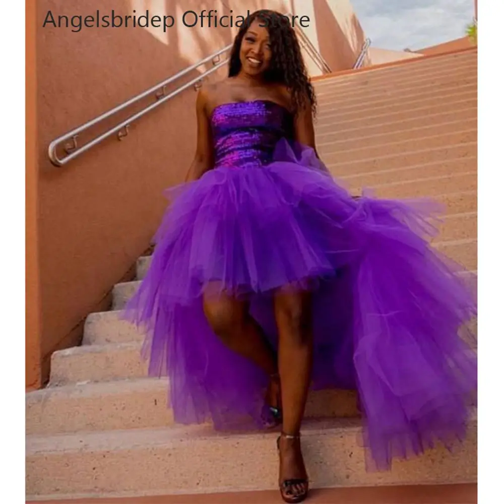 

Angelsbridep High Low Slit Prom Dresses Strapless Saudi Arabia Evening Gowns Purple Tulle Celebrity Party Dresses Robe De Soirée