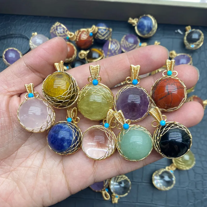 6pc Natural Stone Rose Quartz Crystal Ball Lucky Pendant Golden Wire Wrapped Net Energy Gemstone Reiki Healing Spiritual Jewelry