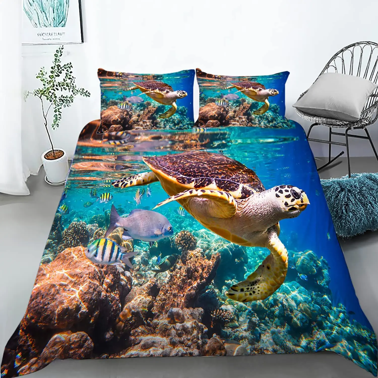 

Nautical Anchor Sea Turtle Bedding Set Kids Boy Girl Teens Room Decor,Underwater Starfish Print Comforter Cover Full Size 3 Pcs