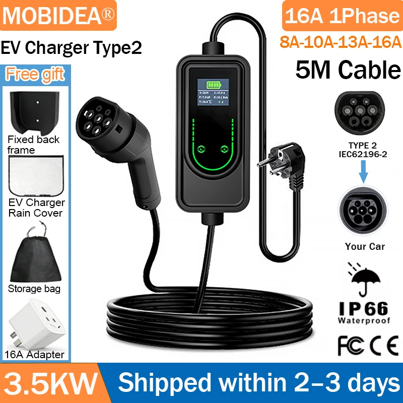 MOBIDEA 3.5KW 16A 1Phase Type2 Portable EV Charger 8/10/13/16A Adjustable Portable EV Charging Cable 5M IP66 Waterproof for BYD