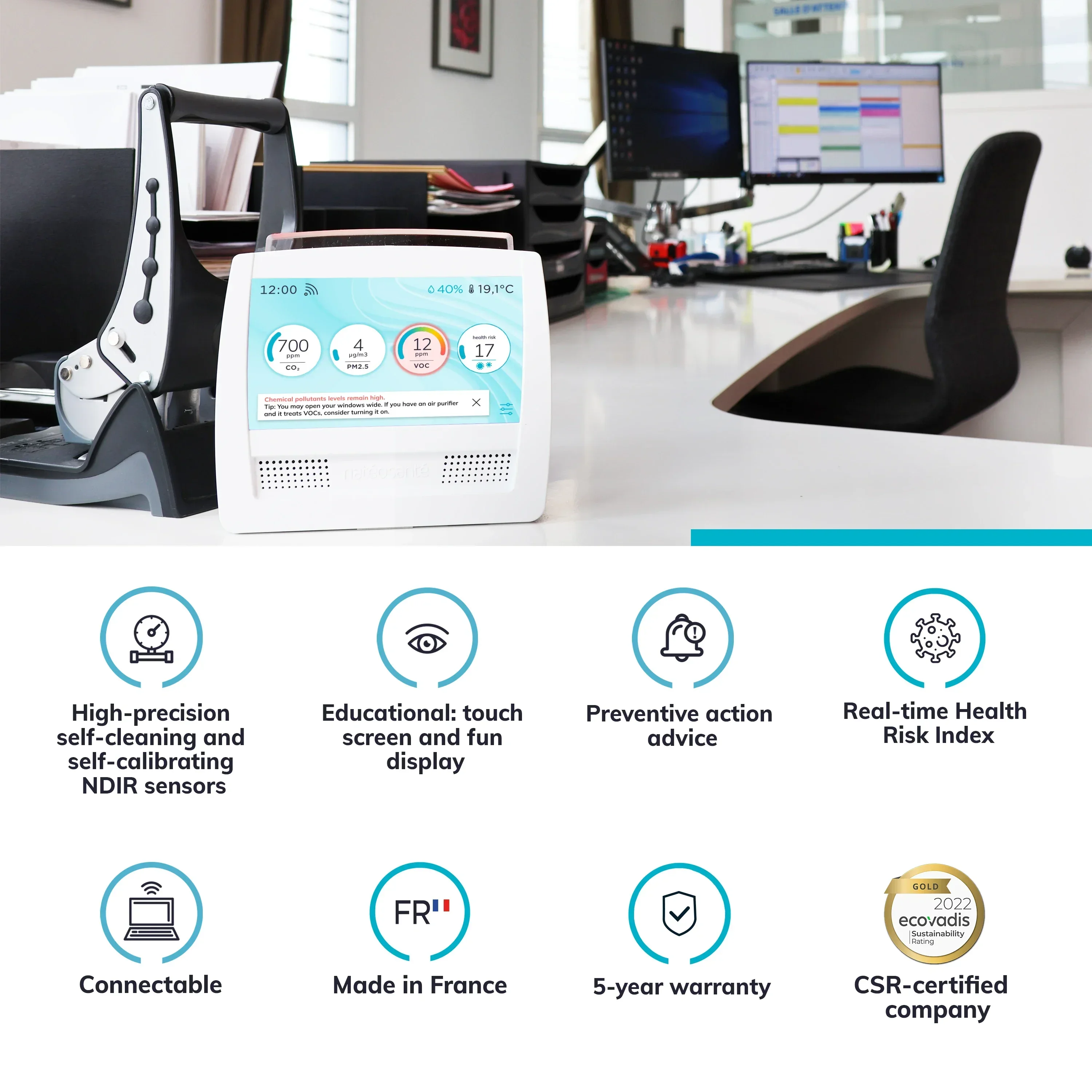 2025Air Coach Pro كاشف IAQ داخلي NDIR CO2 الاستشعار PM1 PM2.5 PM10 المركبات العضوية المتطايرة درجة الحرارة الرطوبة واي فاي تنبيه مخاطر الصحة صنع فرنسا