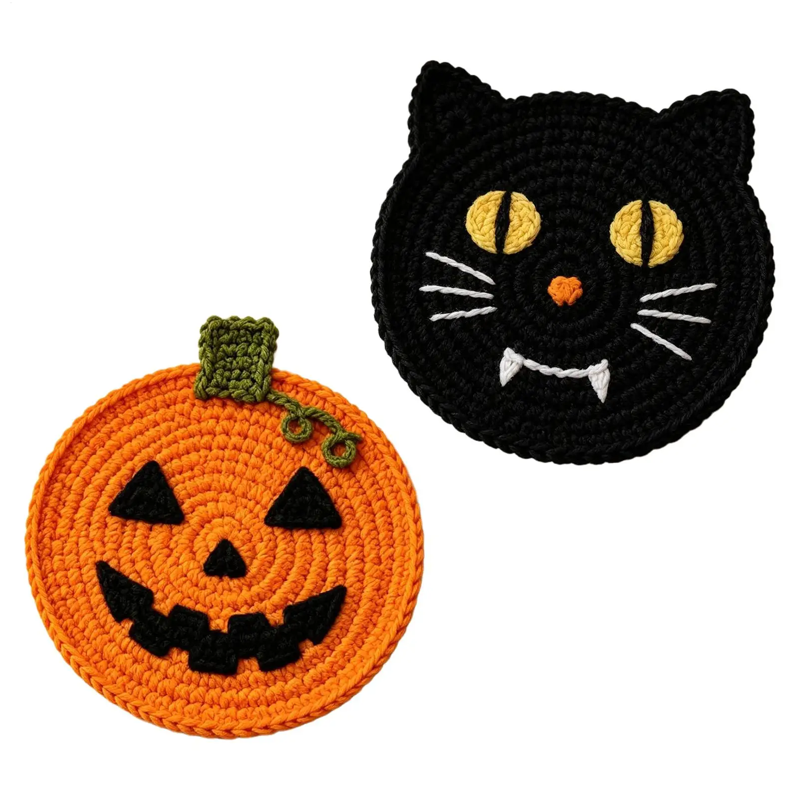 Halloween Pumpkin Cat Coaster Washable Heat Resistant Thick Soft Crochet Coffee Cup Mats for Home Kitchen Office Table Decor
