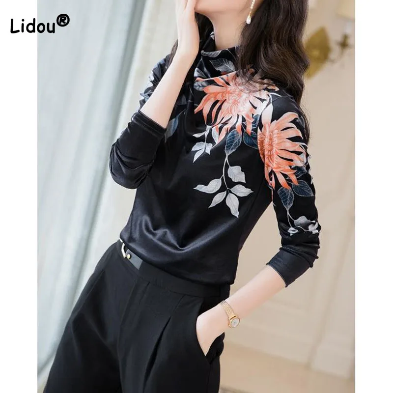 

Elegant Vintage Floral Printed Long Sleeve T-shirt Fashion Thick Half High Collar Pullovers Tops Autumn Winter Women's Clothing