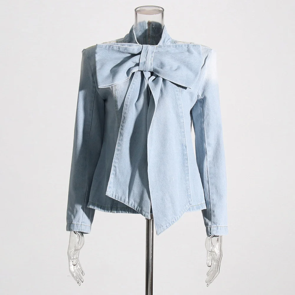 

Женская джинсовая рубашка с бантом и аппликациями, французский стиль, элегантная ретро-рубашка на молнии, новинка весны 2026, синяя блузка для офиса и повседневной носки