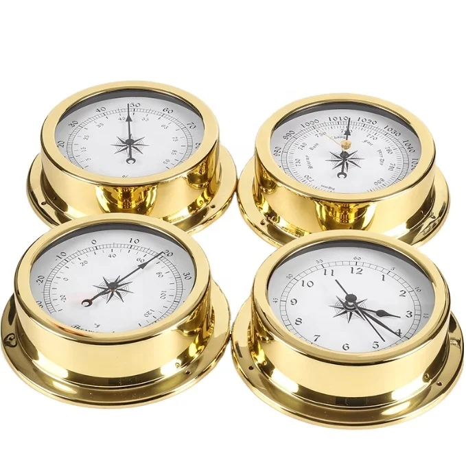 4 pcs/set Brass Case Traditional Weather Station Barometer Temperature Hygrometer and Tide Clock 145mm Large size