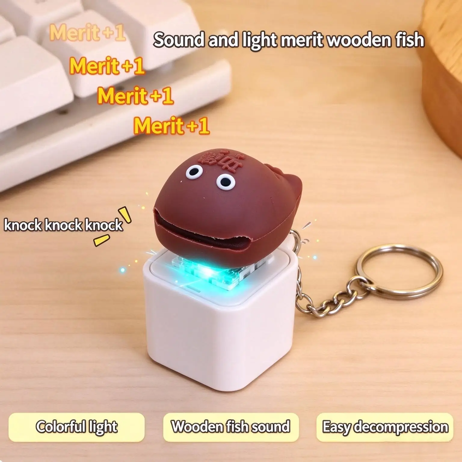 Funny Wooden Fish Keycap Clicker Keychain with LED Light Mechanical Keyboard Switch Key Cap Clicker Anti-stress Bag Charm Gift